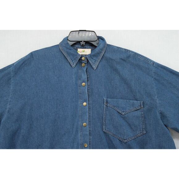 VTG Bonnie Strauss Blue Top womens Large High Low Y2K Hip Hop Long Sleeve Snap - Picture 2 of 7